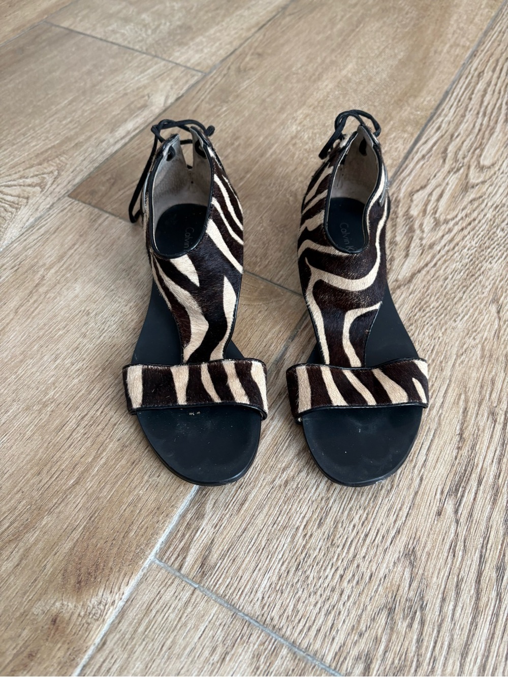 Calvin Klein "Searra" Zebra Print Calf Hair Lace-Up Sandals